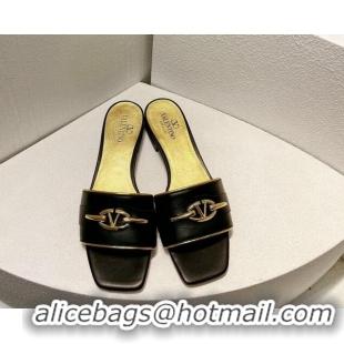 Low Cost Valentino The Bold Edition VLogo Flat Slides Sandal in Calfskin Black/Gold 612182