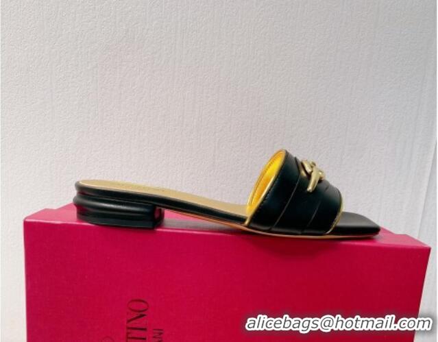 Low Cost Valentino The Bold Edition VLogo Flat Slides Sandal in Calfskin Black/Gold 612182