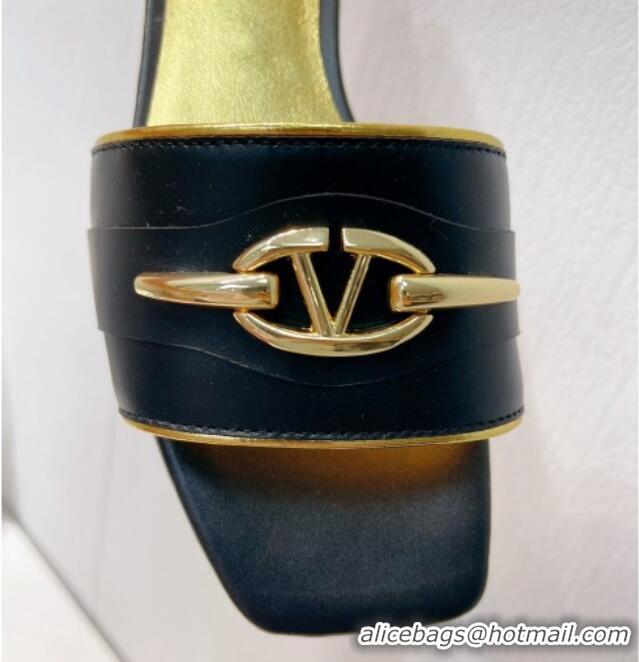 Low Cost Valentino The Bold Edition VLogo Flat Slides Sandal in Calfskin Black/Gold 612182