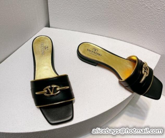 Low Cost Valentino The Bold Edition VLogo Flat Slides Sandal in Calfskin Black/Gold 612182