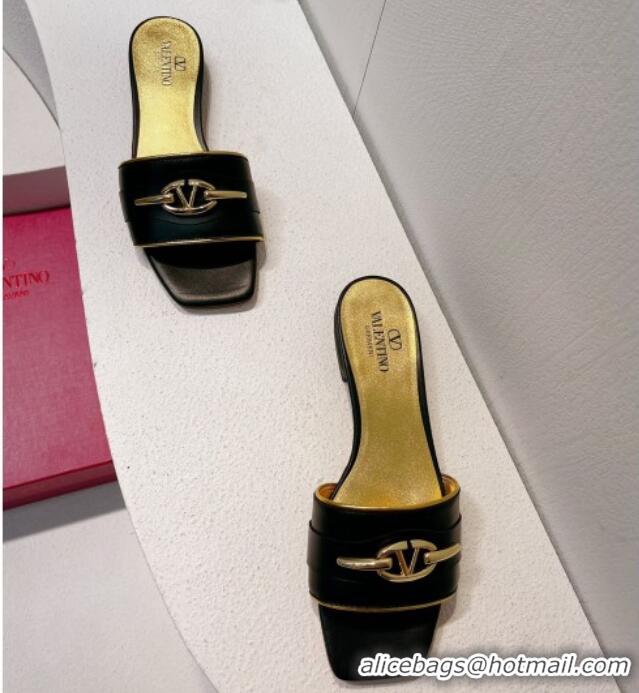 Low Cost Valentino The Bold Edition VLogo Flat Slides Sandal in Calfskin Black/Gold 612182