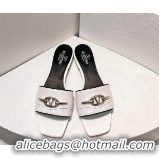 Unique Style Valentino The Bold Edition VLogo Flat Slides Sandal in Calfskin White/Silver 612183