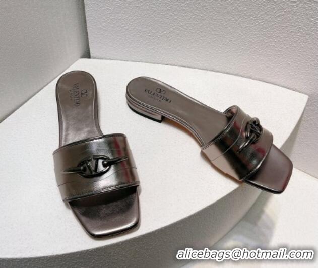 Durable Valentino The Bold Edition VLogo Flat Slides Sandal in Calfskin Dark Grey 612184