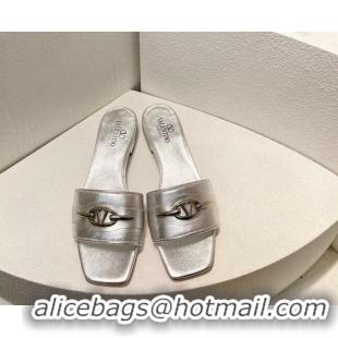 Shop Duplicate Valentino The Bold Edition VLogo Flat Slides Sandal in Calfskin Silver 612185