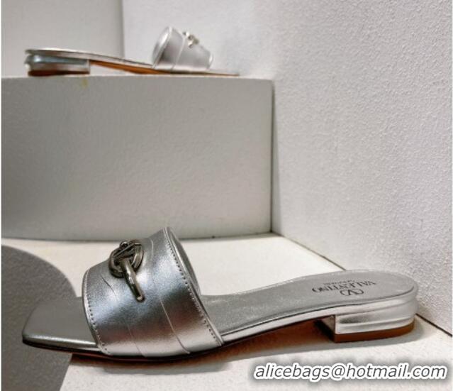 Shop Duplicate Valentino The Bold Edition VLogo Flat Slides Sandal in Calfskin Silver 612185