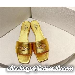 Luxurious Valentino The Bold Edition VLogo Flat Slides Sandal in Calfskin Gold Yellow 612186