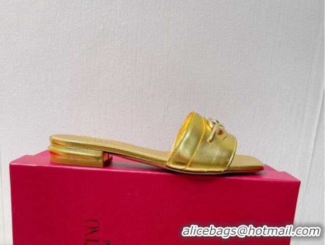 Luxurious Valentino The Bold Edition VLogo Flat Slides Sandal in Calfskin Gold Yellow 612186