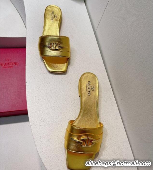 Luxurious Valentino The Bold Edition VLogo Flat Slides Sandal in Calfskin Gold Yellow 612186