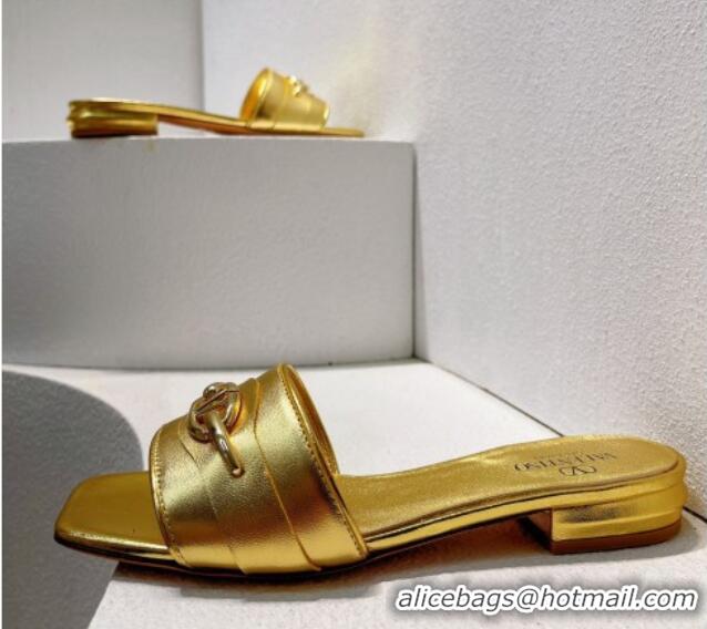 Luxurious Valentino The Bold Edition VLogo Flat Slides Sandal in Calfskin Gold Yellow 612186