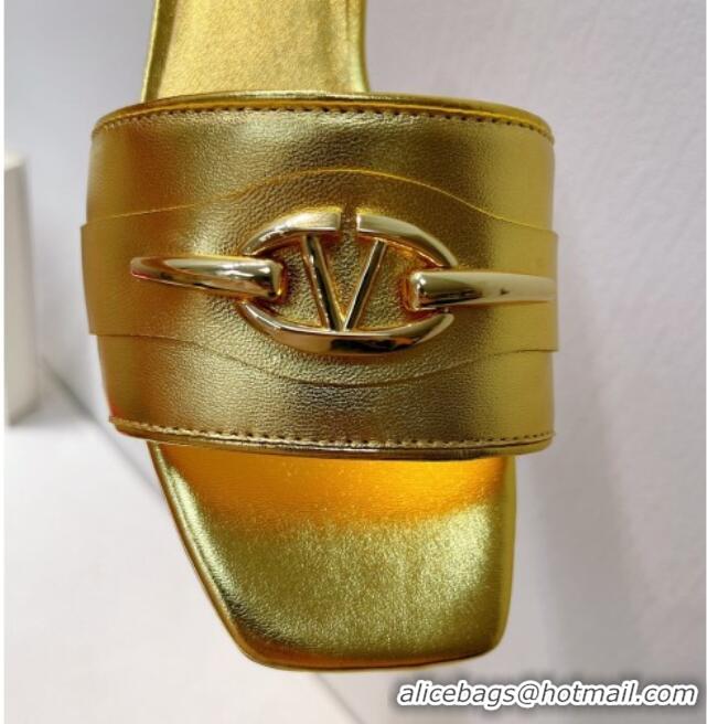 Luxurious Valentino The Bold Edition VLogo Flat Slides Sandal in Calfskin Gold Yellow 612186