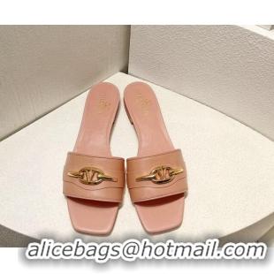 Top Design Valentino The Bold Edition VLogo Flat Slides Sandal in Calfskin Light Pink 612188