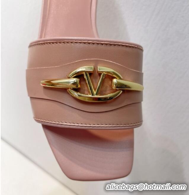 Top Design Valentino The Bold Edition VLogo Flat Slides Sandal in Calfskin Light Pink 612188