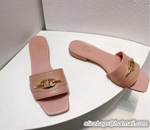 Top Design Valentino The Bold Edition VLogo Flat Slides Sandal in Calfskin Light Pink 612188