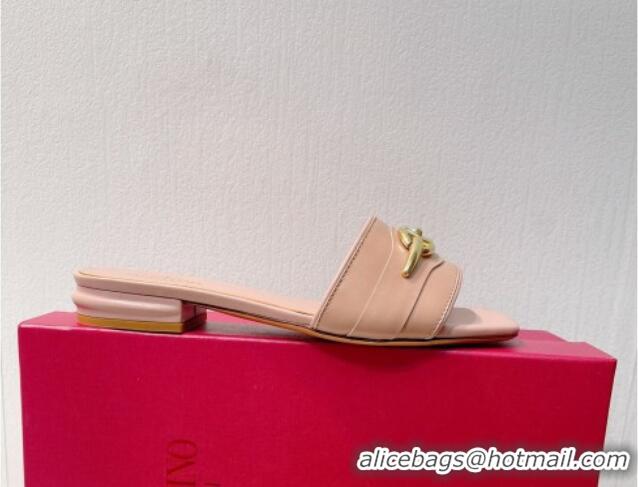 Top Design Valentino The Bold Edition VLogo Flat Slides Sandal in Calfskin Light Pink 612188