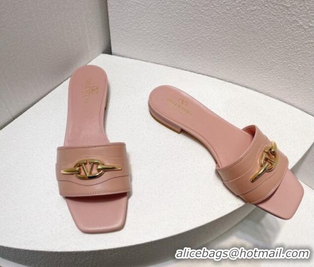 Top Design Valentino The Bold Edition VLogo Flat Slides Sandal in Calfskin Light Pink 612188