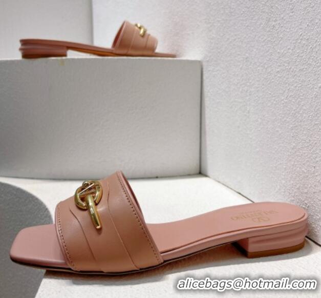 Top Design Valentino The Bold Edition VLogo Flat Slides Sandal in Calfskin Light Pink 612188