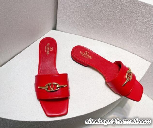 Most Popular Valentino The Bold Edition VLogo Flat Slides Sandal in Calfskin Red 612190