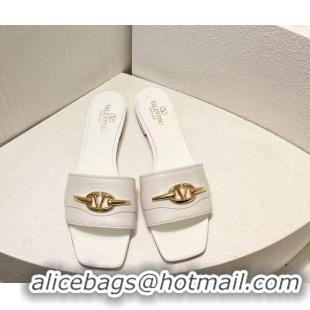 Unique Style Valentino The Bold Edition VLogo Flat Slides Sandal in Calfskin White/Gold 612189