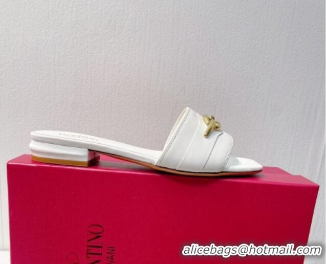 Unique Style Valentino The Bold Edition VLogo Flat Slides Sandal in Calfskin White/Gold 612189