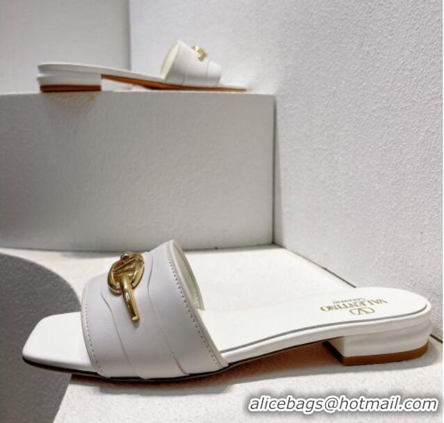 Unique Style Valentino The Bold Edition VLogo Flat Slides Sandal in Calfskin White/Gold 612189