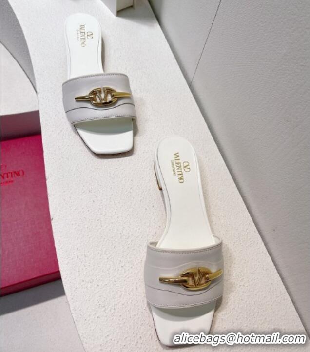 Unique Style Valentino The Bold Edition VLogo Flat Slides Sandal in Calfskin White/Gold 612189