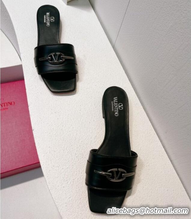 Top Design Valentino The Bold Edition VLogo Flat Slides Sandal in Calfskin Black/Metal Grey 612191