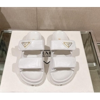 Shop Duplicate Prada Shiny Nappa Leather Strap Flat Slide Sandals White 430042