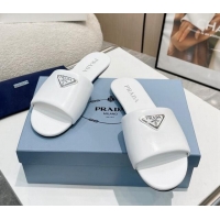 Buy Discount Prada Leather Flat Slide Sandals White 430098