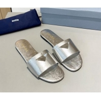 Good Looking Prada Leather Flat Slide Sandals with Cut-out Triangle Silver 430103