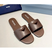 Best Grade Prada Leather Flat Slide Sandals with Cut-out Triangle Dark Brown 430105