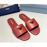 Grade Quality Prada Leather Flat Slide Sandals with Cut-out Triangle Red 430106