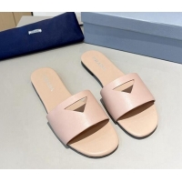 Unique Style Prada Leather Flat Slide Sandals with Cut-out Triangle Light Pink 430107