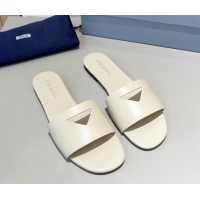 Best Product Prada Leather Flat Slide Sandals with Cut-out Triangle White 430108