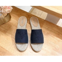 Luxury Prada Canvas Espadrille Flat Slides Sandal Dark Blue 611070