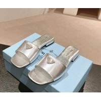 Good Product Prada Leather Flat Slides Sandal Silver 611079