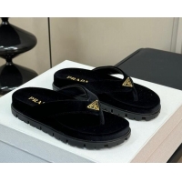 Good Quality Prada Velvet Flat Thong Slides Sandal Black 611094