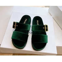 Perfect Prada Velvet Flat Slides Sandal with Buckle Green 611095