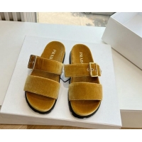 Good Quality Prada Velvet Flat Slides Sandal with Buckle Yellow 611097