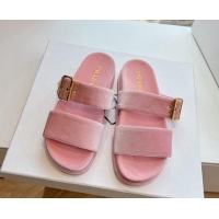 Durable Prada Velvet Flat Slides Sandal with Buckle Light Pink 611099