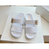 Duplicate Prada Velvet Flat Slides Sandal with Buckle White 611100