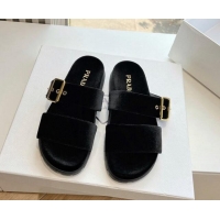 Top Design Prada Velvet Flat Slides Sandal with Buckle Black 611101