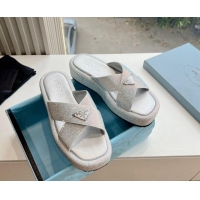 Shop Duplicate Prada Strass Platform Slides Sandal with Cross Strap Silver 611103