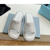 Sumptuous Prada Strass Platform Slides Sandal with Wide Strap Silver 611107