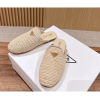 Fashion Luxury Prada Crochet Raffia Straw Flat Mules Beige 611109