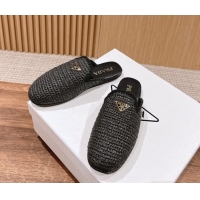 Stylish Prada Crochet Raffia Straw Flat Mules Black 611111