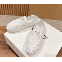 Stylish Prada Crochet Raffia Straw Flat Loafers White 611114