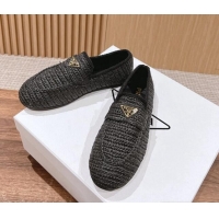 Sumptuous Prada Crochet Raffia Straw Flat Loafers Black 611115