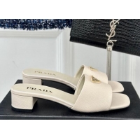 Pretty Style Prada Saffiano Leather Heel Slides Sandal 3.5cm White 04010