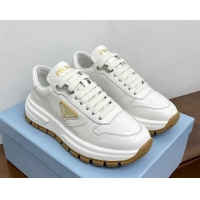 Luxury Discount Prada Gabardine Leather Sneakers White/Gold 719125