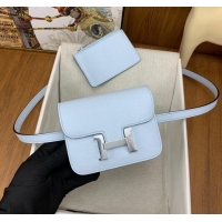 New Design Hermes Constance Slim Wallet with Leather Strap in Epsom Leather H0112 Haze Blue/Silver 2024 (Half Handmade)